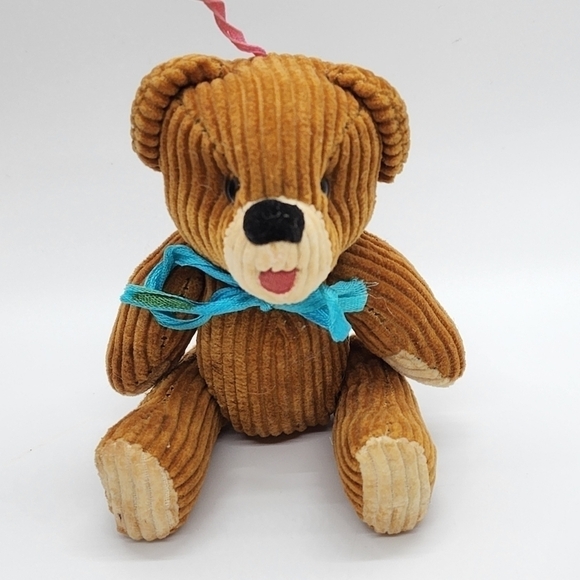 Vintage mini Corduroy bear ornament tan with blue bow moveable - Picture 1 of 13